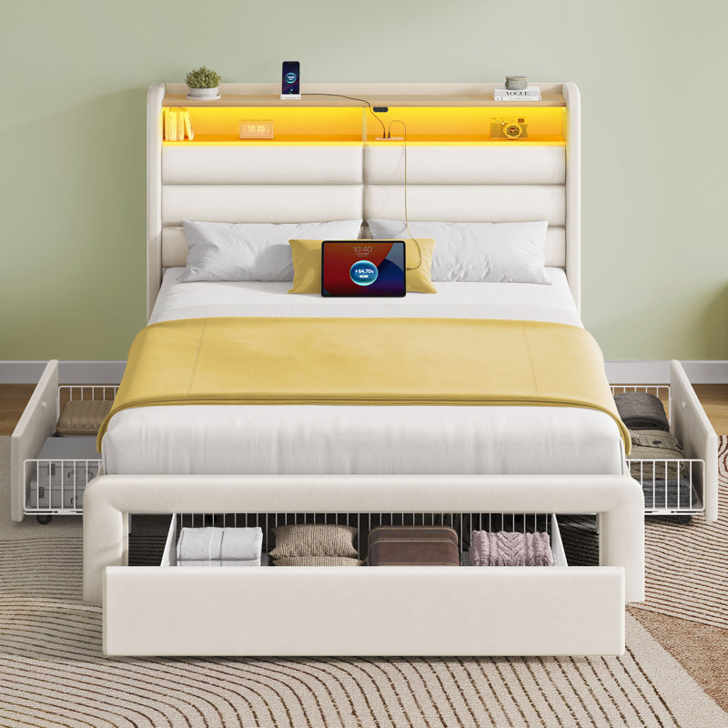 Bed Frame with 4 Storage Drawers and LED Lights, Upholstered Bed with Headboard and Charging Station