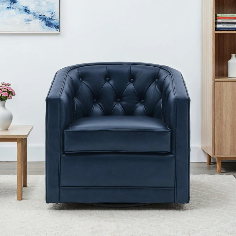 30" Tufted Top Grain Leather Swivel Barrel Chair