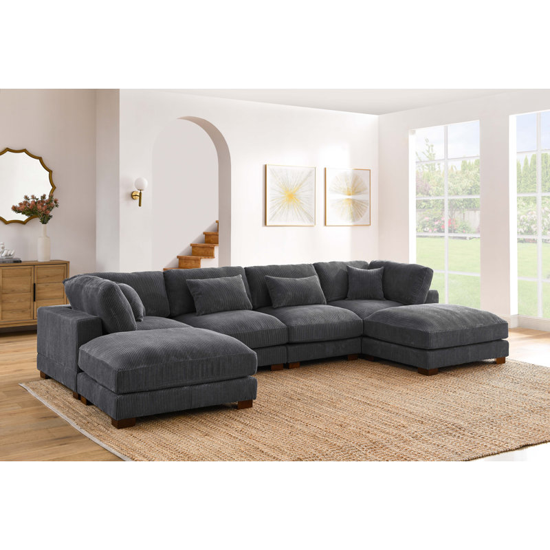 Linsy Home Sectional Sofa for Living Room, U-Shaped Sofa Couch with Corduroy Fabric, 4 Seat Sofa with Double Chaise for Apartment, Dark Gray