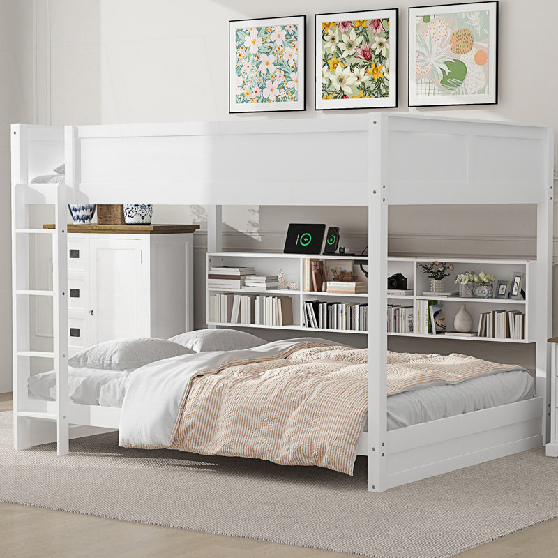 Queen Over Queen Bunk Bed With Storage Cabinets, Bunk Bed With 2 Standard Plug Outlets & 2 USB Ports