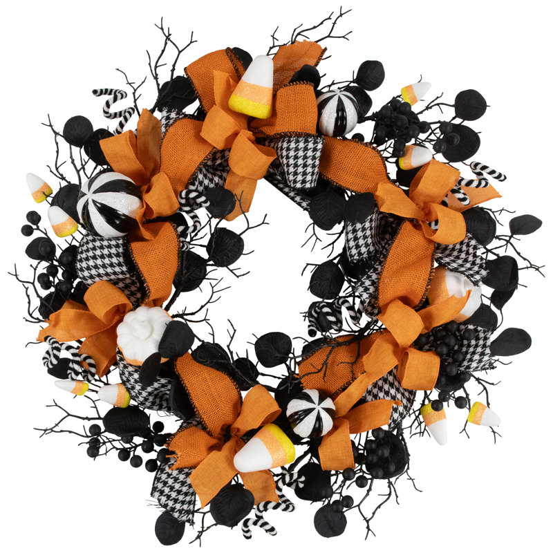 similar Houndstooth Bows And Candy Corn Halloween Wreath - 24\"