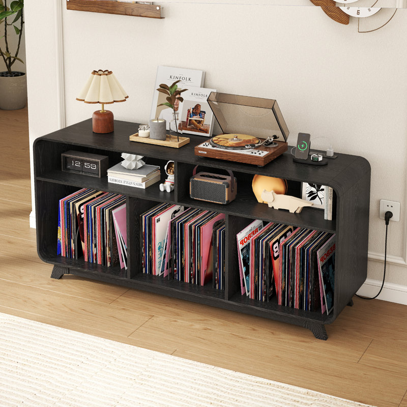 Large Record Player Stand With Charging Station & Usb Ports, Curved Vinyl Record Cabinet, Turntable Stand