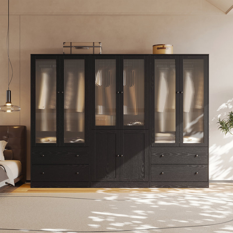 20"D x 94.5"W x 71"H Modern Armoire With Soft-Close Doors — Fluted Glass Wardrobe Closet With Shelves & Drawers