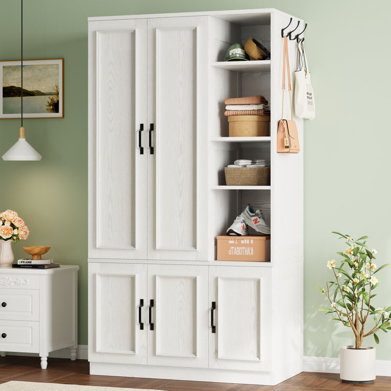 (Incomplete)5-Door Wooden Wardrobe With Hanging Poles & 4 Open Storage Shelves, 70” Armoire For Hanging Clothes