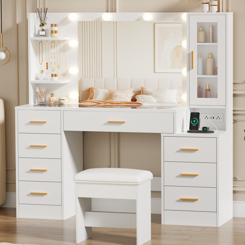 49.2" Makeup Vanity With 8 Drawers & Power Outlet And Glass Top