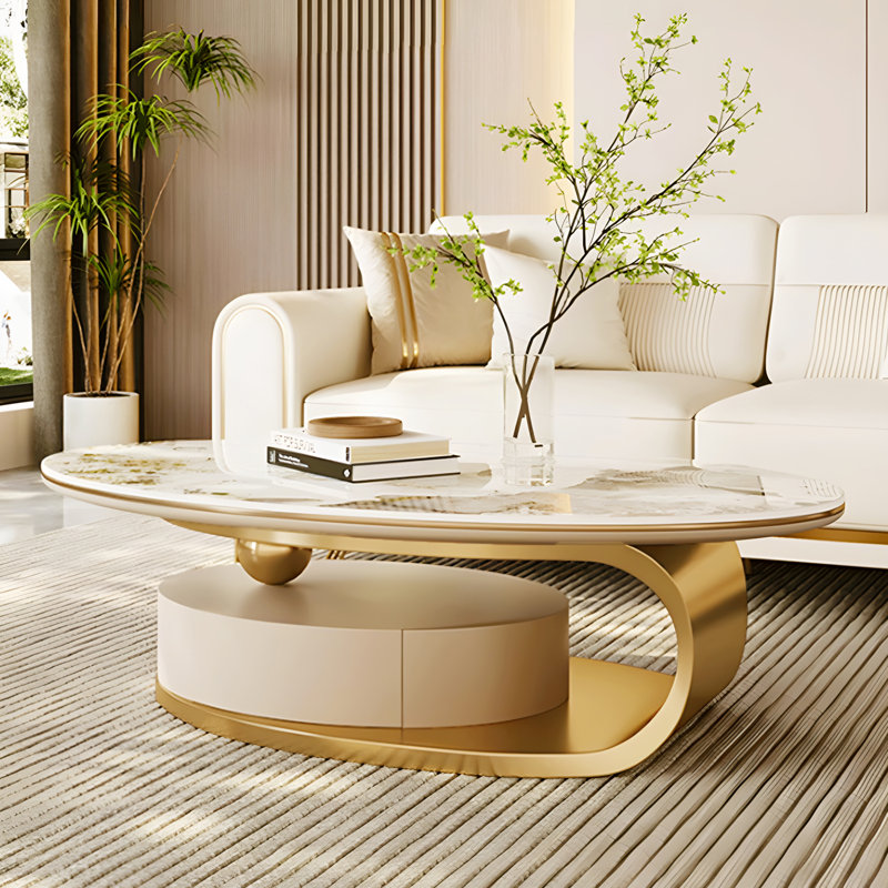 Pre-Assembly 51" Modern Oval Coffee Table, Sintered Stone Top, Gold Base, drawer