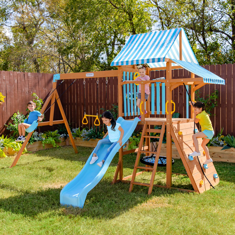 Teamson Kids Laguna Outdoor Wooden Swing Set With Slide & Rock Wall Incomplete 