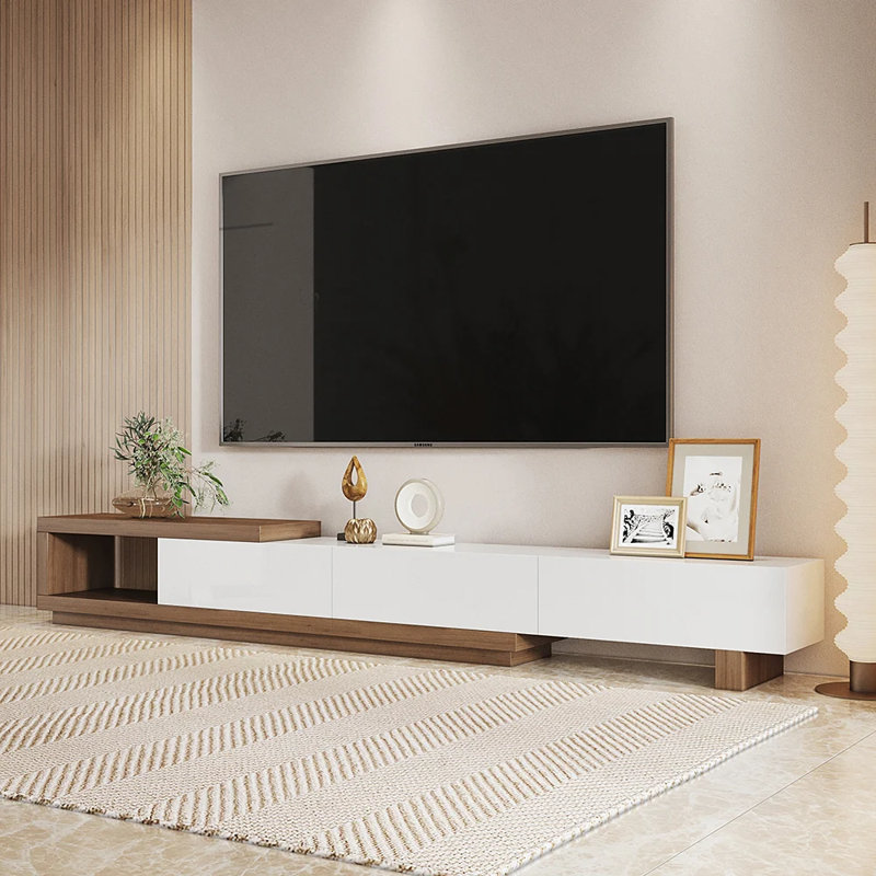 Lilesville 100.4'' W Modern TV Stand Retracted & Extendable 3-Drawer Media Console Walnut