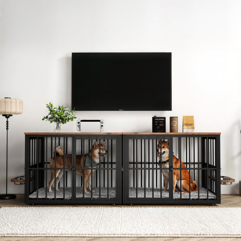 Large Double Dog Crate Furniture, Corner Dog Crate Furniture With Removable Divider And Bowls