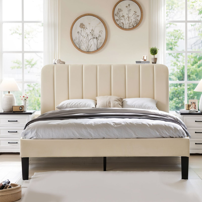 (Incomplete) Queen Size Bed, Velvet Bed Frame with Vertical Channel Adjustable Headboard, Upholstered Platform Bed with Wood Slats, No Box Spring Needed, Easy Assembly
