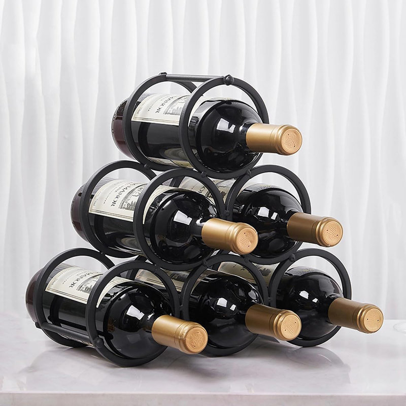Small Tabletop Wine Rack 6 Bottles Triangle Freestanding Countertop Wine Bottle Holder Cabinet Pantry Wine Storage Stand Bottle Organizer For Coffee Bar Kitchen, Frosted Iron, Black