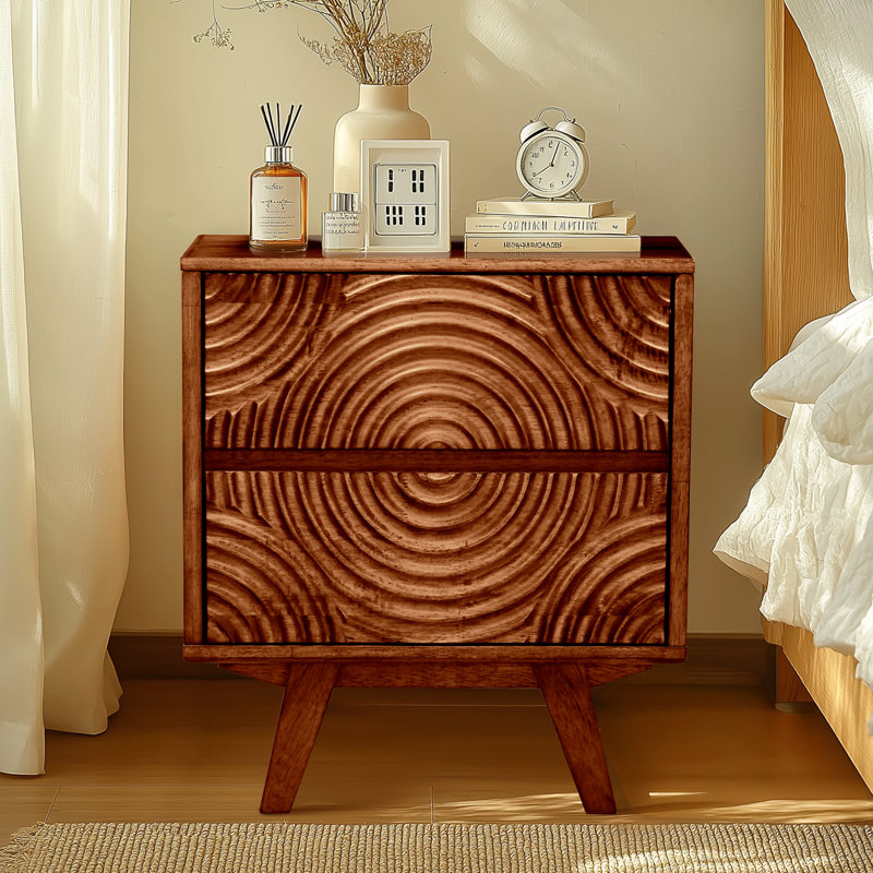 Solid Wood 2-Drawer Nightstand with Carved Front – Mid-Century Modern Bedside Table