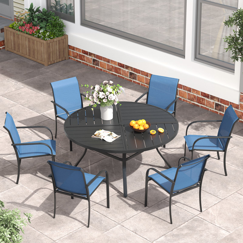 color gream Outdoor Patio Dining Set - 47'' Round Table with Umbrella Hole + 6 Stackable Chairs (Set of 7)