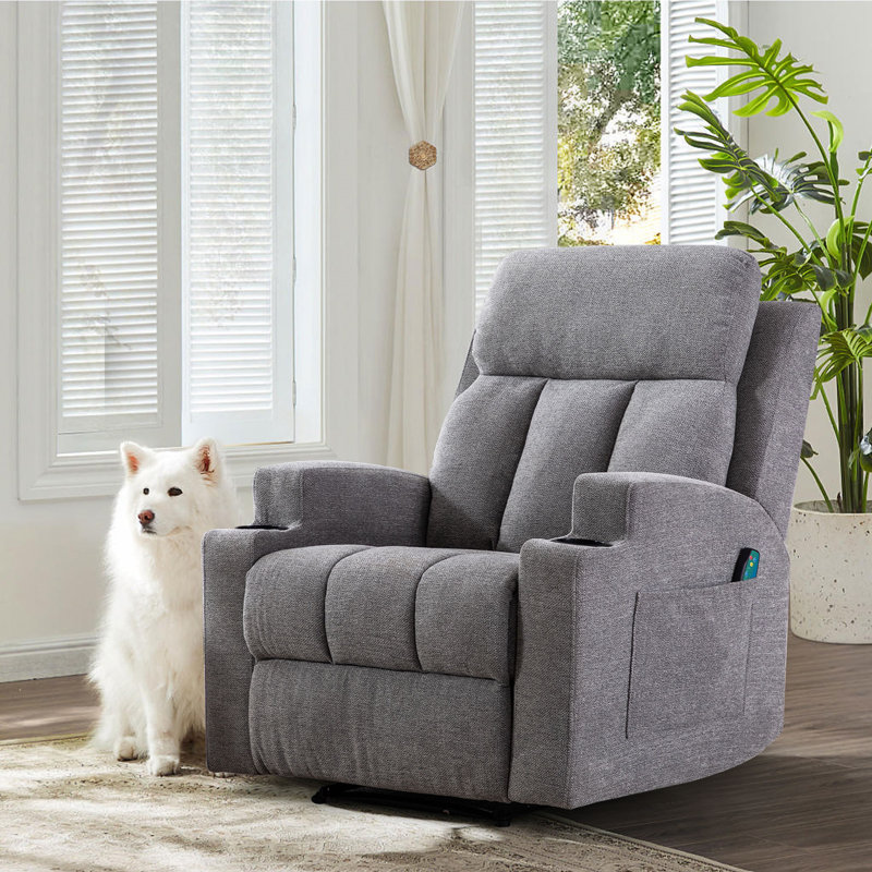 Myria 33.07" W Friendly Fabric Upholstered Manual Vibration Massage Recliner Chair with Dual Cup Holders & Heating & Massage Remote