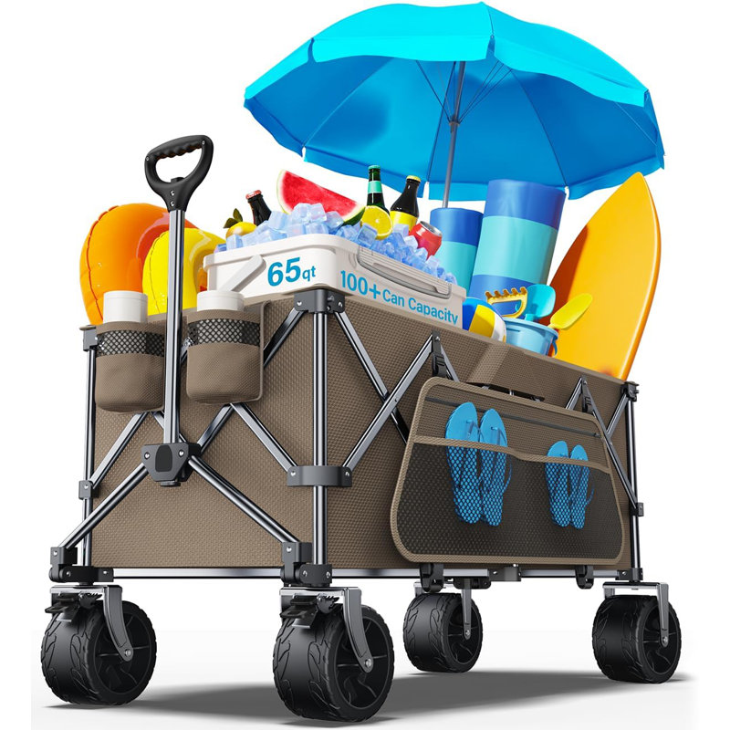 Collapsible Wagon, 440LBS Heavy Duty Wagon Carts Foldable with Side Pocket and Brakes, 66 Gallon Large Capacity Foldable Wagon