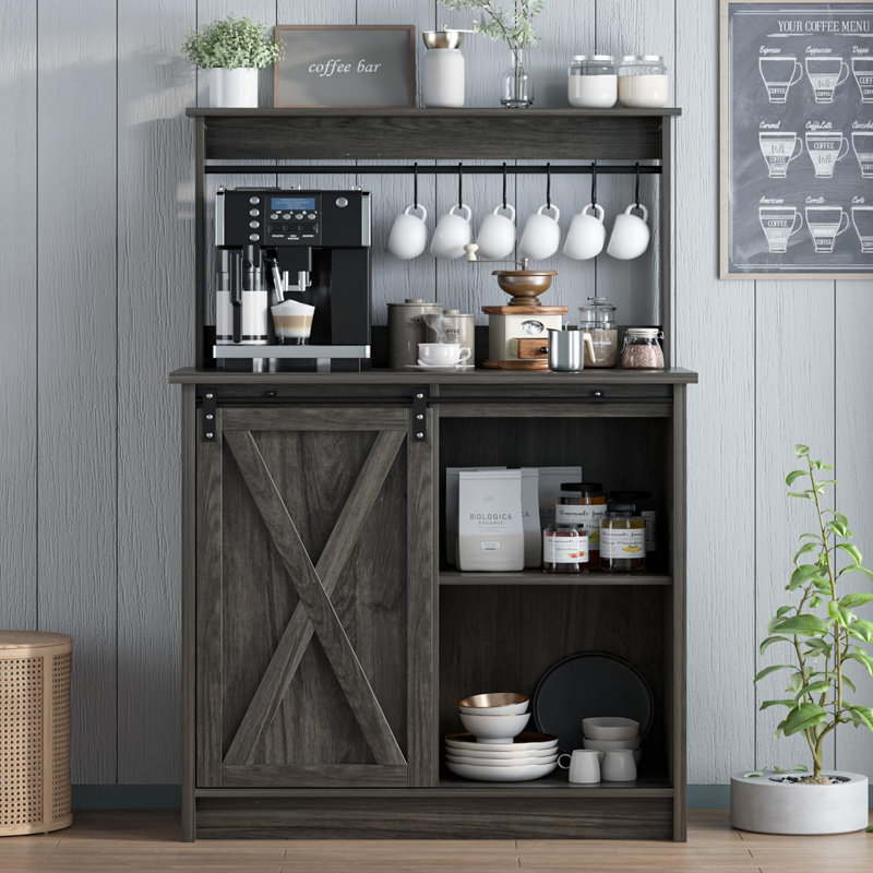 farmhouse coffee bar cabinet with 6 hooks, coffee bar hutch with storage, buffet cabinet with sliding barn door, coffee bar table with adjustable shelves for living dining room