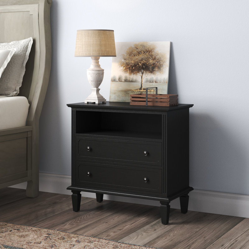 Amberlyn 27.2'' H Traditional 2-Drawer Nightstand with Built-In Outlets and Solid Wood Legs and Open Shelve