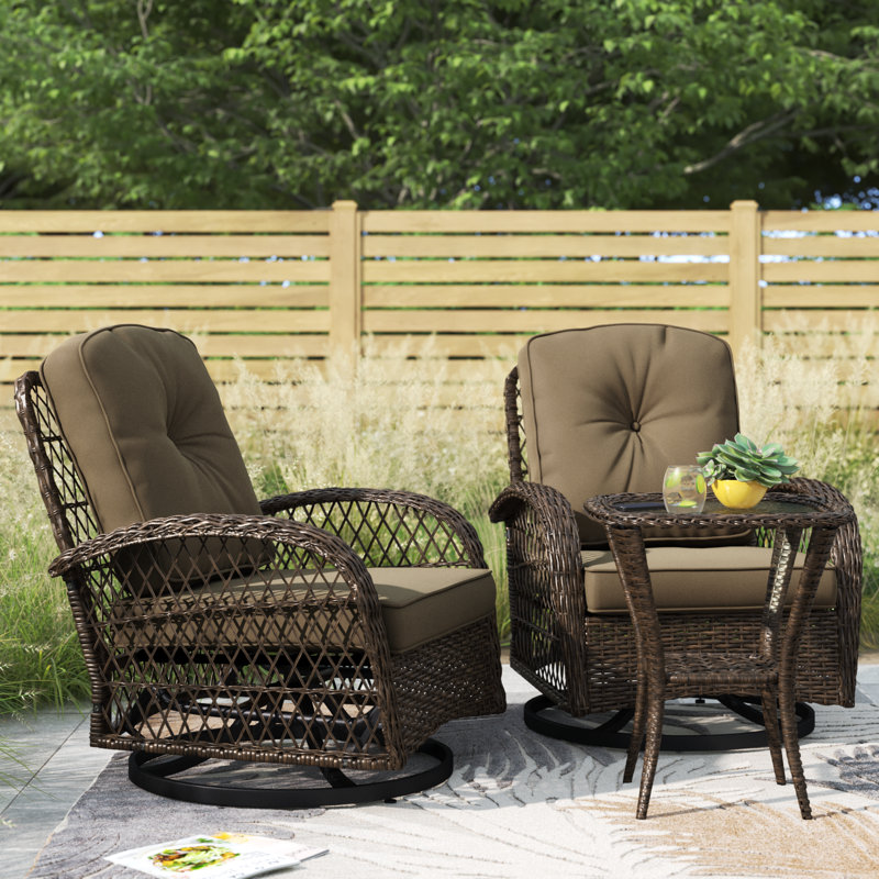 Denison 2-Person Outdoor Seating Group, Wicker Swivel Chairs with Cushions and Side Table
