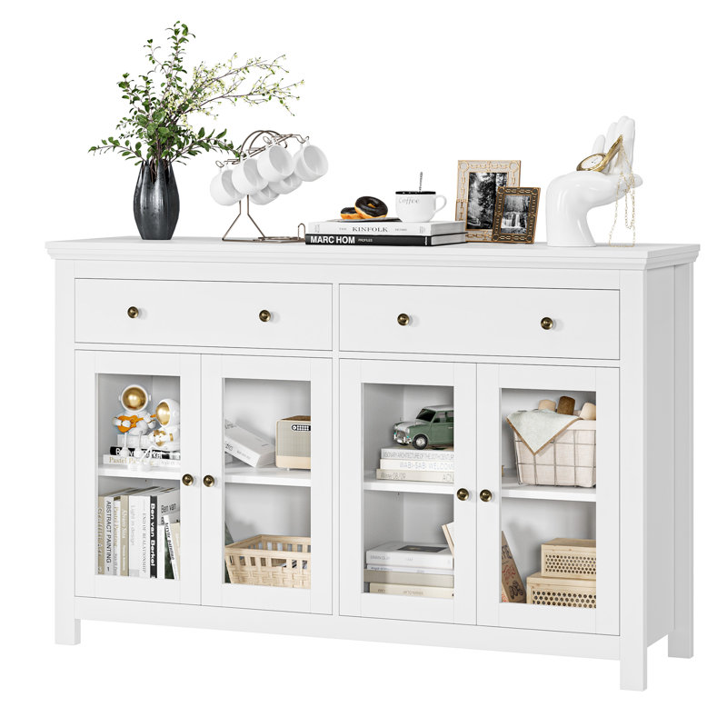 Dasir 55.1" Wooden Sideboard with 2 Drawers & 2 Cabinet, Modern Buffet Table with 4 Glass Doors, White or Black