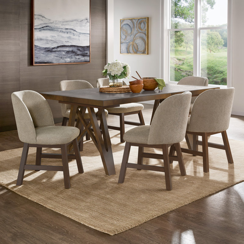 Cipolla 72"-90" Wood Finish Extendable Dining Set - Dining Table With Leaf And Taupe Fabric Curved Back Chairs