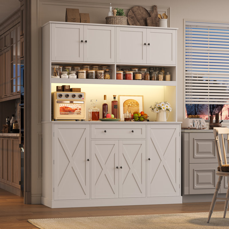( incomplete box 2/2 )72.8\" H X 55.1\" W Kitchen Pantry Cabinet With Led Lighting And Built-in Power Outlet, Microwave Stand & Adjustable Shelves