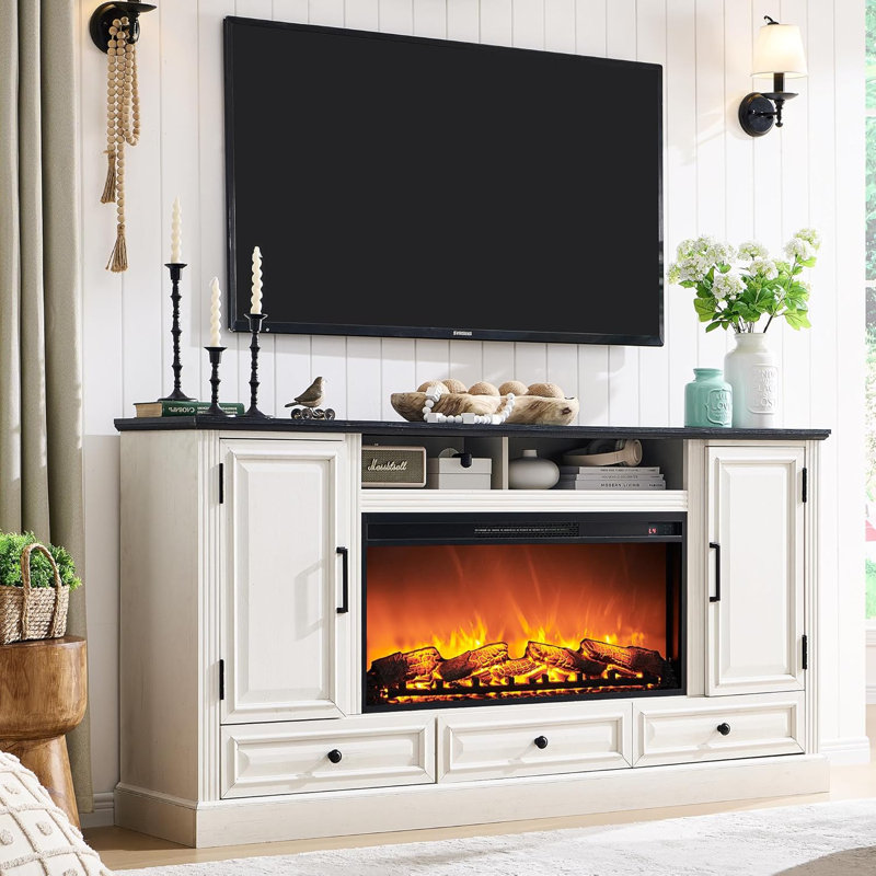 Elma Farmhouse Fireplace TV Stand, 70" TV Stand for TVs up to 80" with Electric Fireplace and Adjustable Shelves