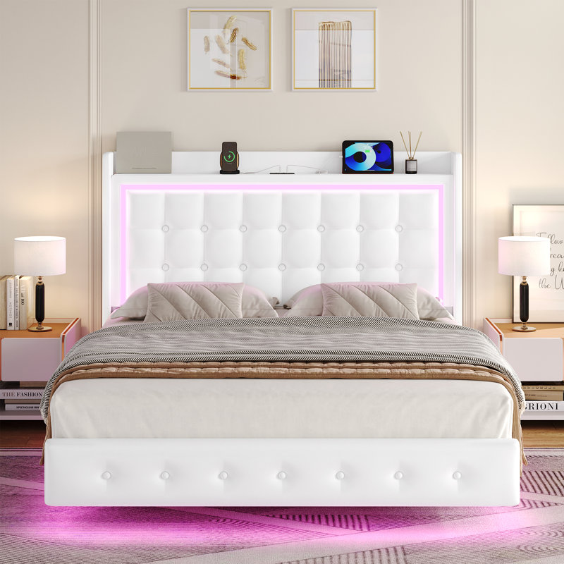 Upholstered Platform Bed with LED Lights, Charging Port, Floating Bed