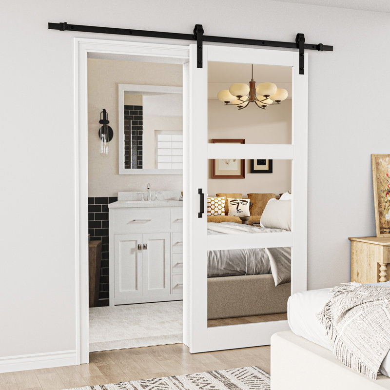 Pre-drilled Design, 84''h double sided glass Manufactured Wood Sliding Barn Door with Hardware Kit