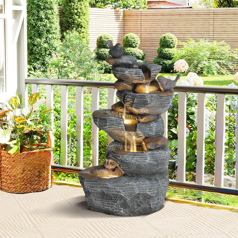 5-Tiers Cascading Rock Outdoor Water Fountain, Garden Freestanding Birds Waterfall Fountains Outdoor with LED Lights Birds Decor, Stacked Stone Outdoor Fountains for Garden Patio Porch, 26"H