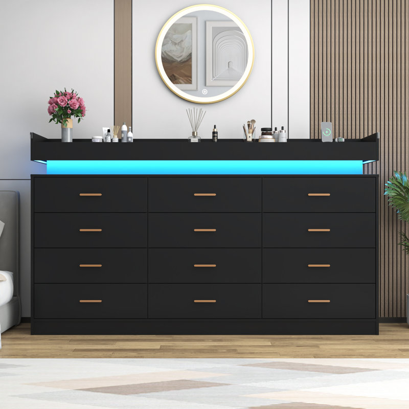 12 Drawer 70.08" W Dresser With Charging Station And LED Light Strip