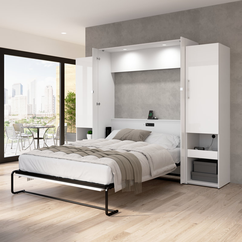 Maile High-Gloss Scratch-Resistant Murphy Bed and Storage Cabinets with Door and Pull-Out Shelf