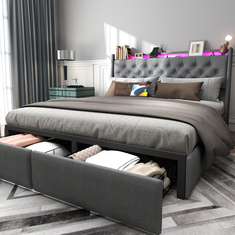 Oneita Upholstered LED Bed Frame With Storage Headboard Charging Station 2 Drawers Gray