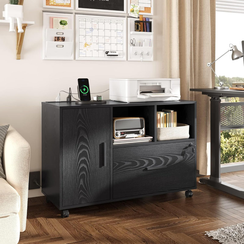 Rolling File Cabinet With Charging Station, Locking Filing Cabinet For Home Office, Wood Printer Stand, Full-Extension Filing Drawer & 360° Lockable Casters – Fits Letter/A4