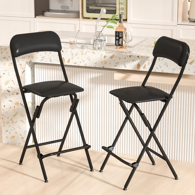 Upholstered Padded Folding Bar Stools with Footrest, 24inch Seat Height (Set of 2)