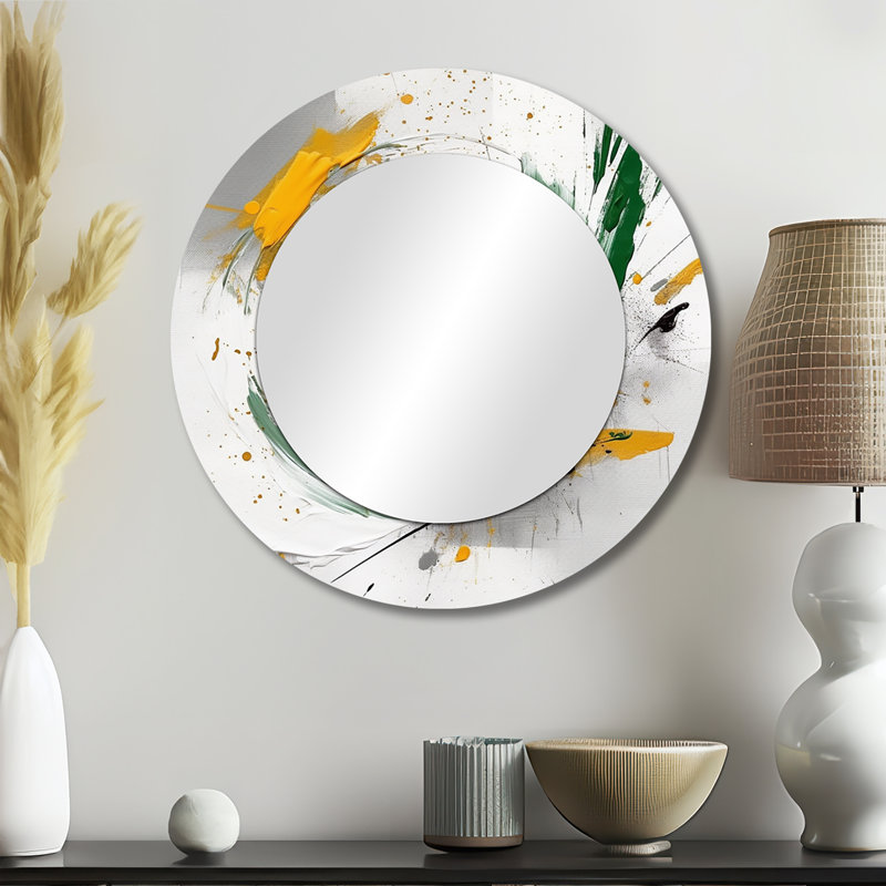 Yellow and Green Abstracted Perspectives III - Abstract Unique Wall Mirror, Yellow Round Mirror, Printed Metal Art