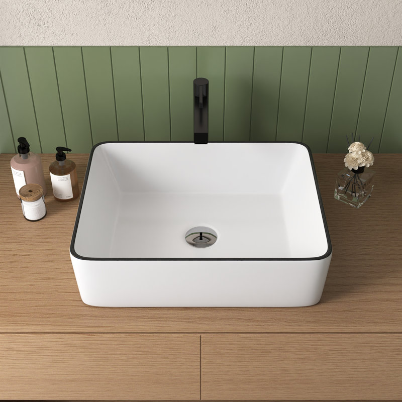 Ally 19" White Vitreous China Rectangular Vessel Bathroom Sink with Top Black Trim DV-1V0002