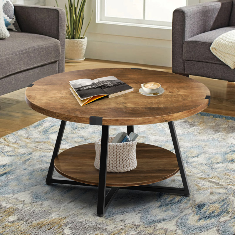 jahaira round coffee table with 2-tier storage shelves