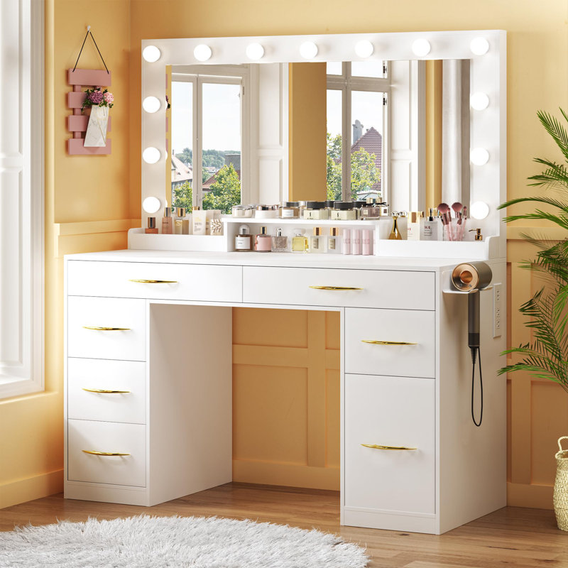 Large Size Makeup Vanity With Lights, Built-in Outlet, 7 Drawers