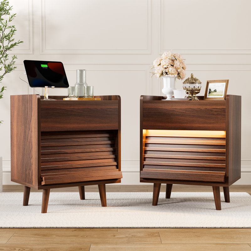 modern nightstand with 2 drawers,bedside table with outlets & led lights, file cabinet with slanted & wavy design