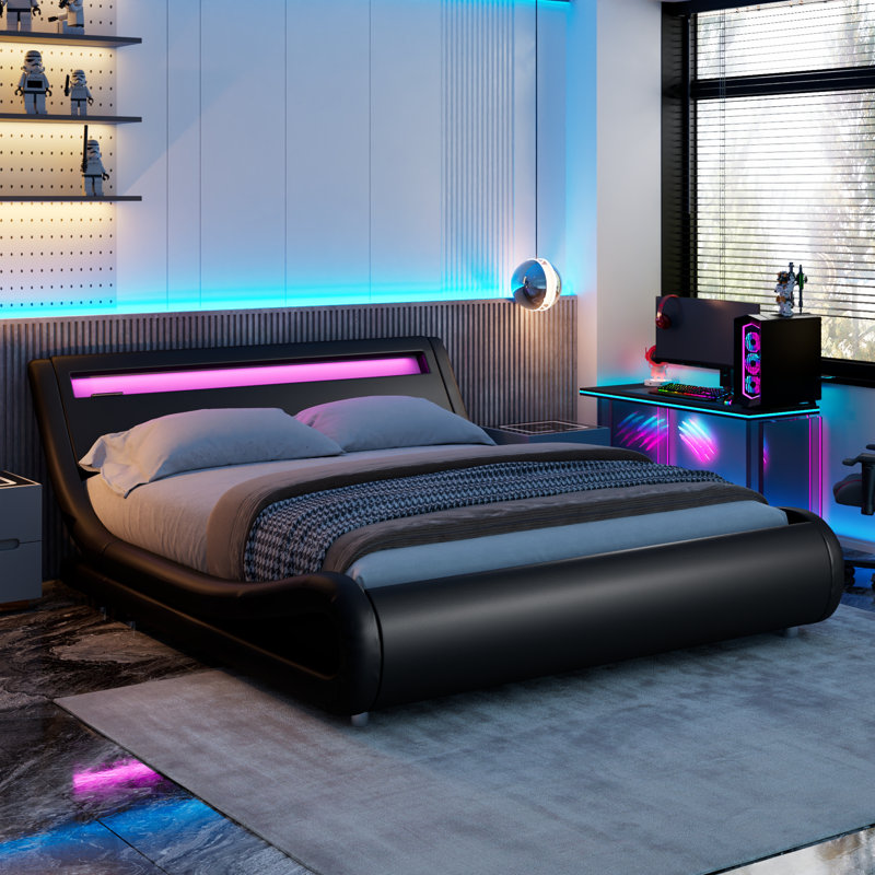 Charlesten Vegan Leather Platform LED Lights Bed with Wooden Slats and Adjustable Headboard, RGB Lighting & Music Sync, No Box Spring Needed