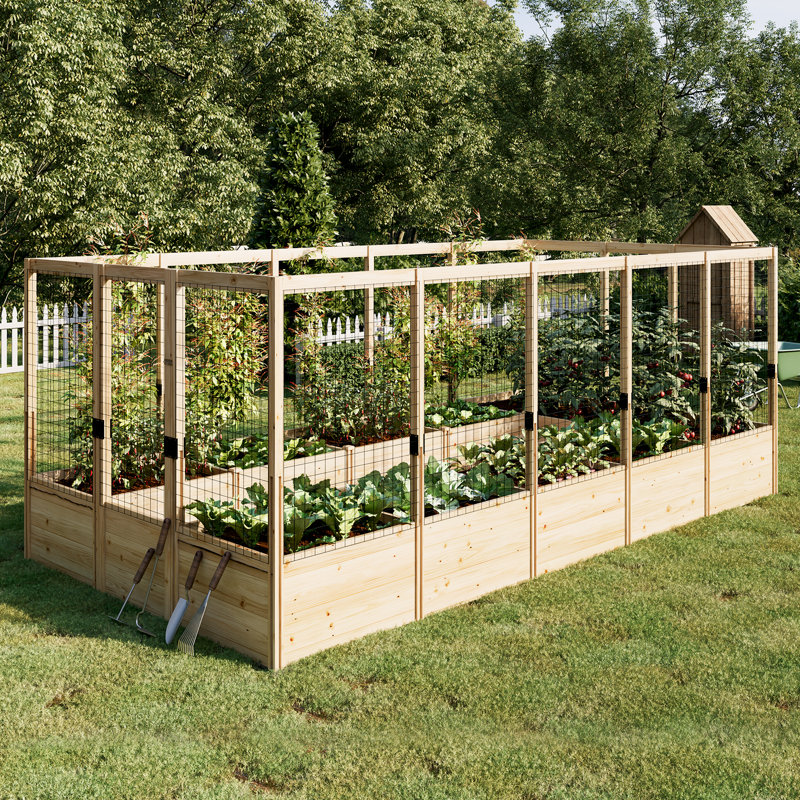 Yadid Wooden Raised Garden Bed for Outdoor, Deep Large Planter Box with Netting for Gardening, Vegetables, Flowers, Herbs