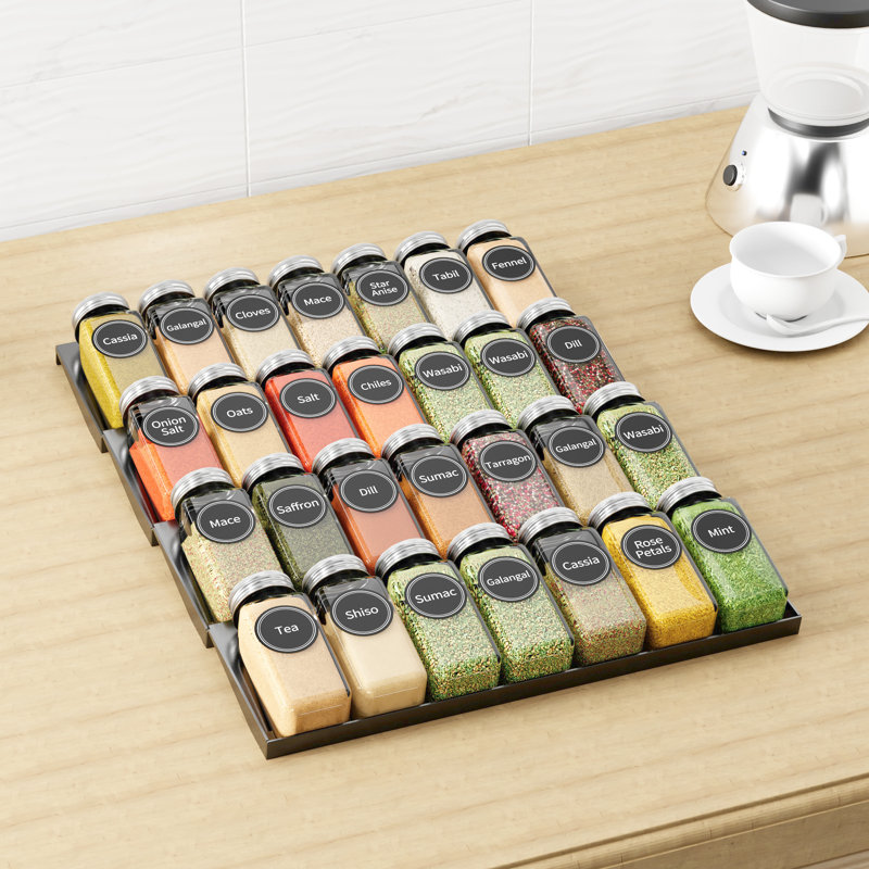 spice drawer organizer with spice jars & 386 labels, 4-tier seasoning rack tray insert for kitchen drawers