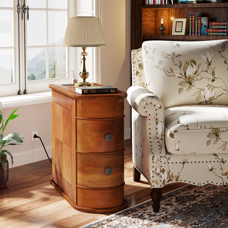 solid wood end table with 2 drawers & charging station, fully assembled