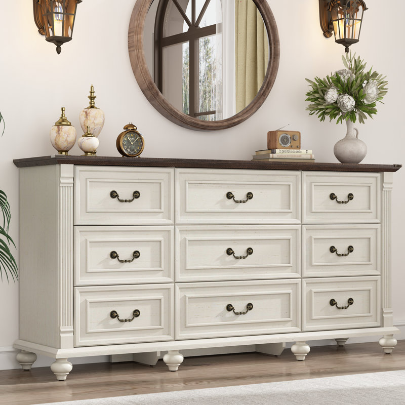63" farmhouse 9 drawer wood dresser for bedroom with 6 solid wood feet and roman column decor