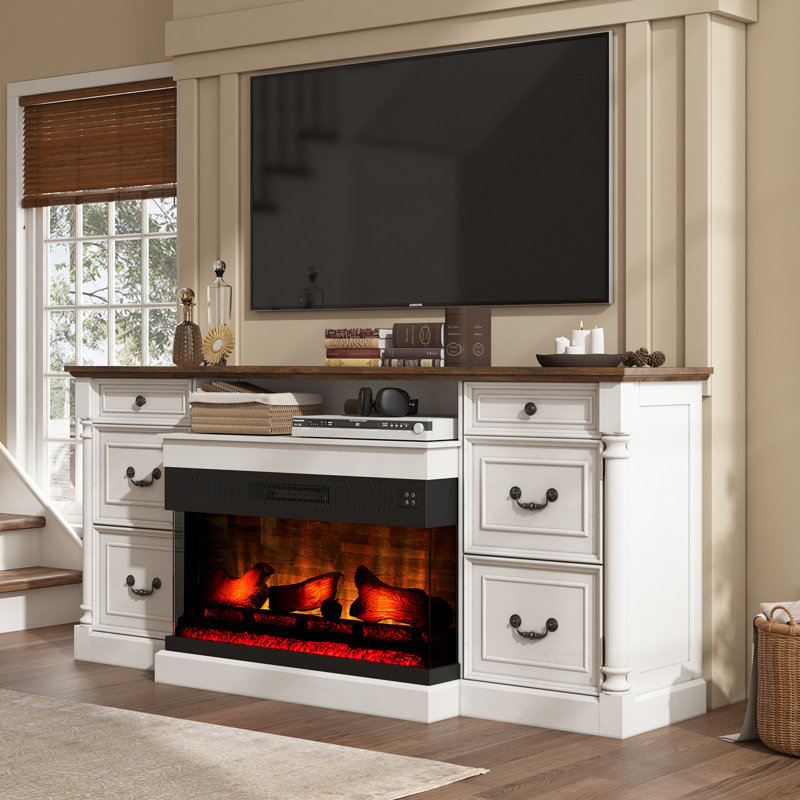 Alvilda 75" Farmhouse TV Stand with 36'' 3-Sided Glass Fireplace, 2 Drawers & Doors Closed Storage