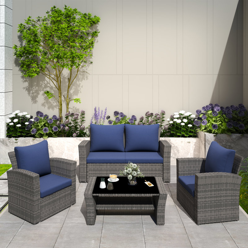 4 Piece Rattan Sofa Seating Group with Back&Seat Cushions