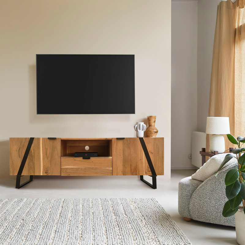 Aza 59 Inch Handcrafted TV Console with Drawer Natural Brown Acacia Wood Cabinet