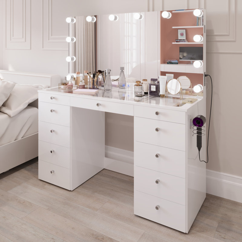 ( incomplete box 3/3 )boahaus premium 56? wide hollywood led vanity with bluetooth, usb?c/a charging & 11 drawer storage – white gloss pet finish