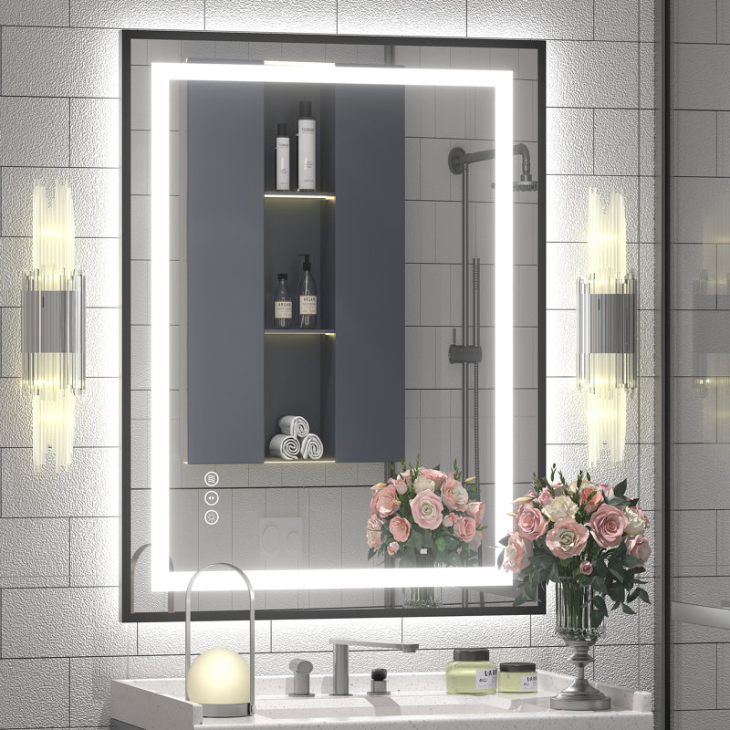aevar ul certified front & back led anti-fog tempered glass framed bathroom/vanity mirror with 3-year warranty