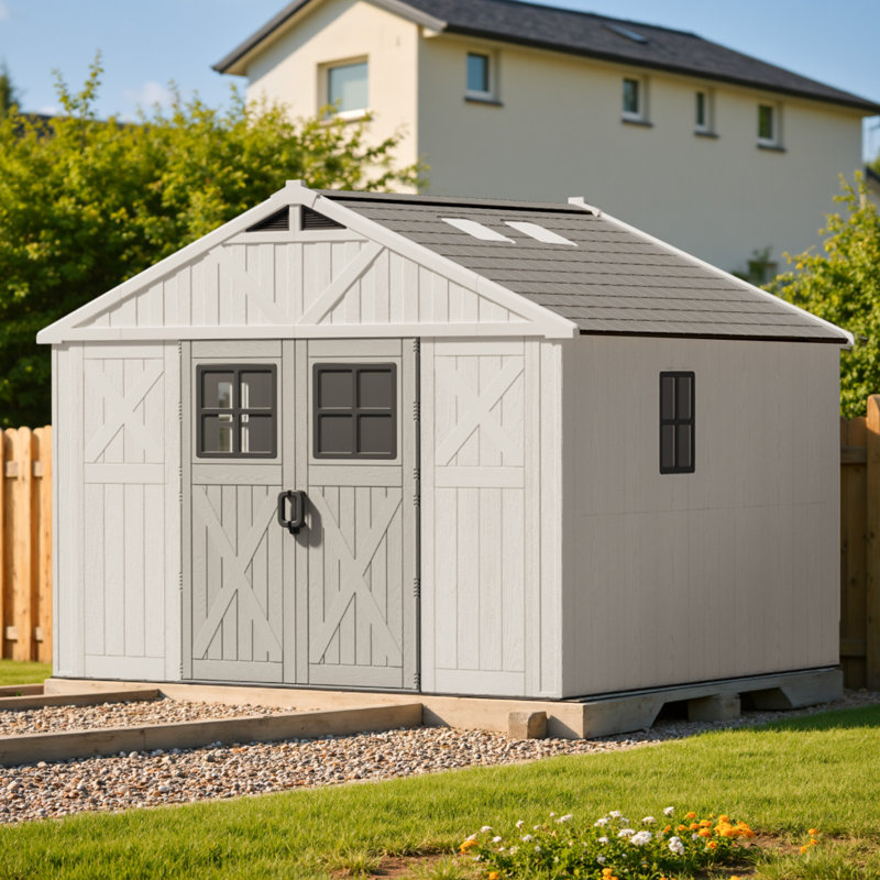 10 Ft. W X 10 Ft. D Plastic Storage Shed With Floor, Resin Shed With Reinforced Steel Structure, Beige